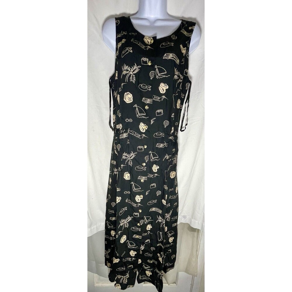 Vintage Bechanel Maxi Dress Large Black Rayon Novelty Travel Print Button Front